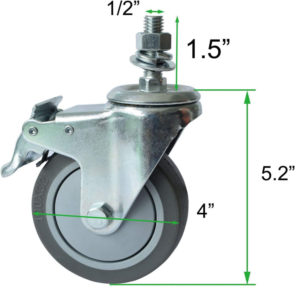 5 Inch Locking Swivel Casters with Brake Grey TPR Rubber Wheel Set of 4 W39601