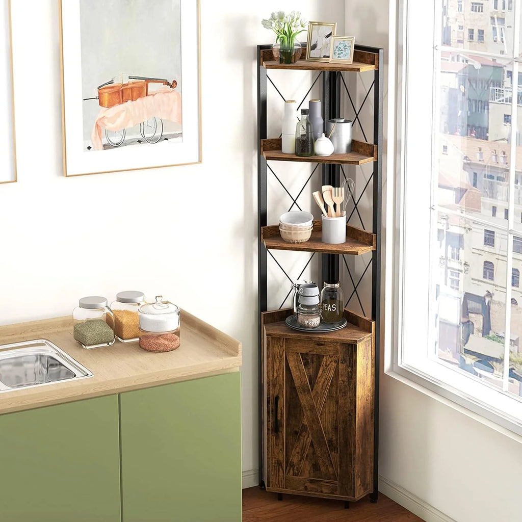 4-Tier Rustic Corner Bookshelf with Cabinet V9458