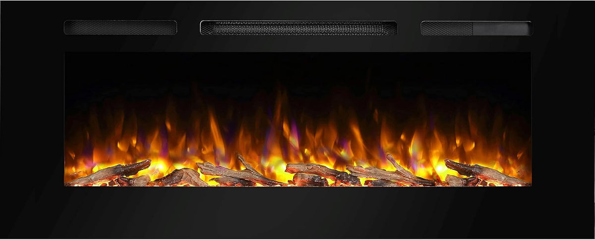 Recessed Electric Fireplace with Log Set and Crystal, 1500W Heater, Black E11945