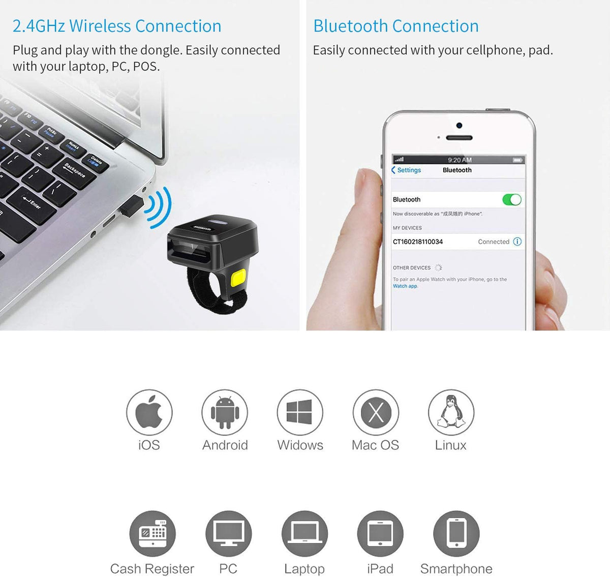 Portable Ring Barcode Reader Scanner Bluetooth 2.4Ghz Wireless USB Wired L38237
