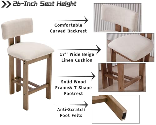 Set of 4 Beige Linen Upholstered Bar Height Stools with Hardwood Frame Z629182