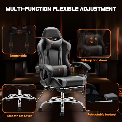 Grey PU Leather Reclining Gaming Chair with Footrest I955688