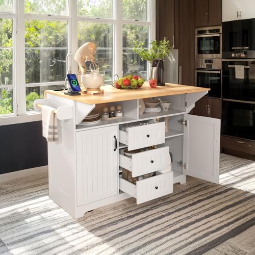 Black Kitchen Island with Drop Leaf, 3 Drawers, Power Outlet U92294