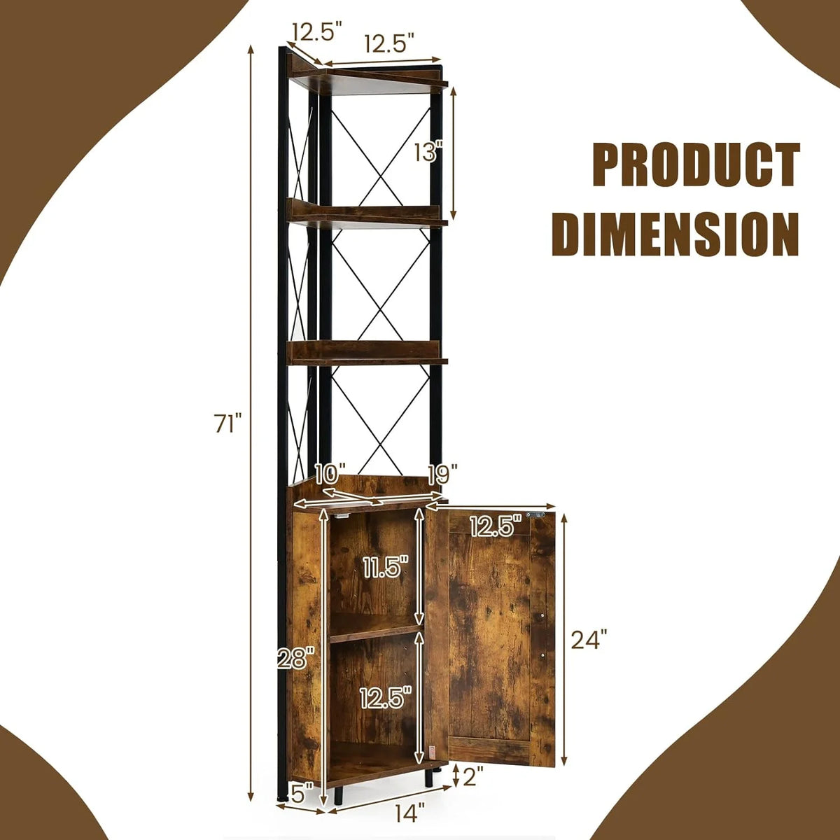 4-Tier Rustic Corner Bookshelf with Cabinet V9458