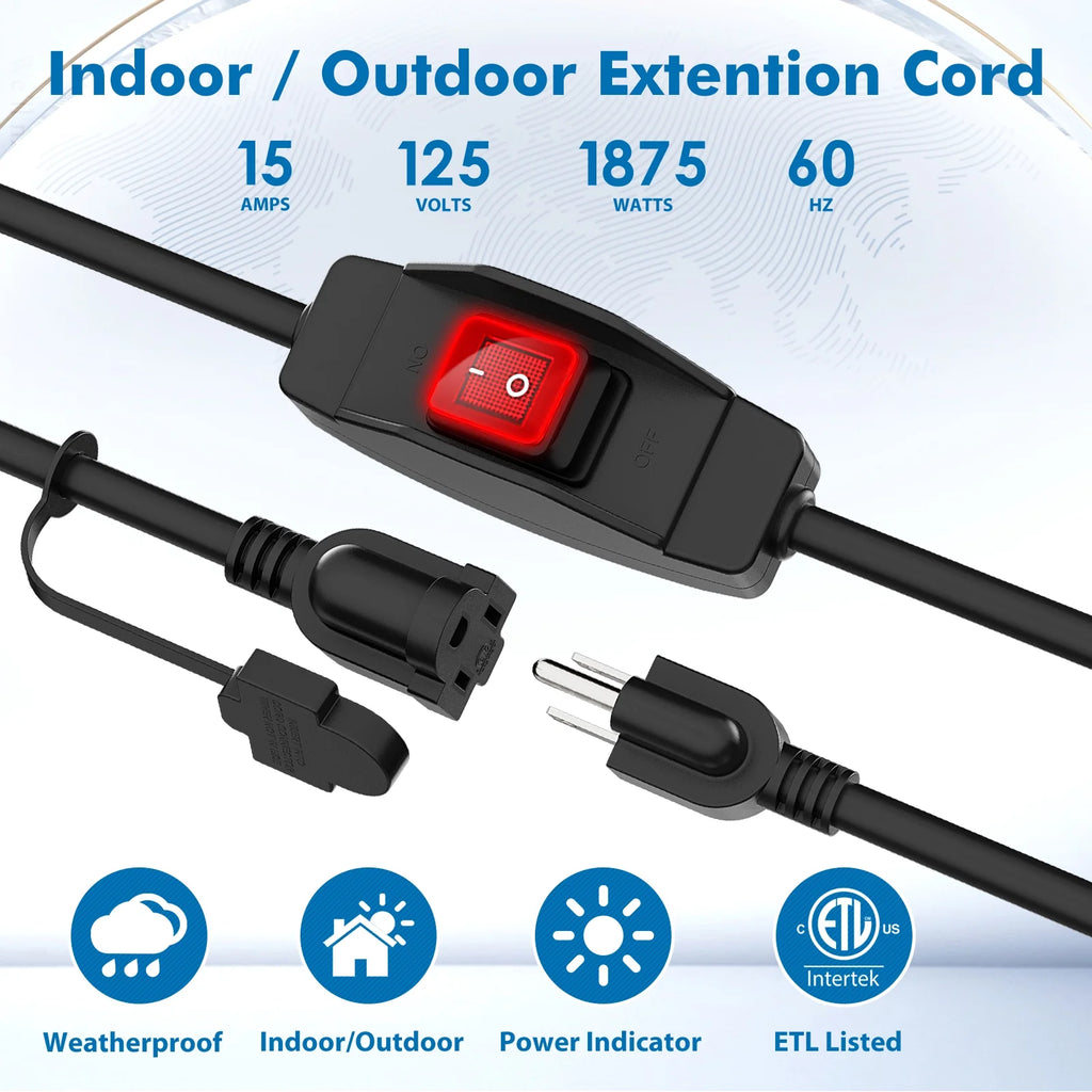 12 FT Extension Cord with Waterproof Switch, 1875W 15A 125V T8724