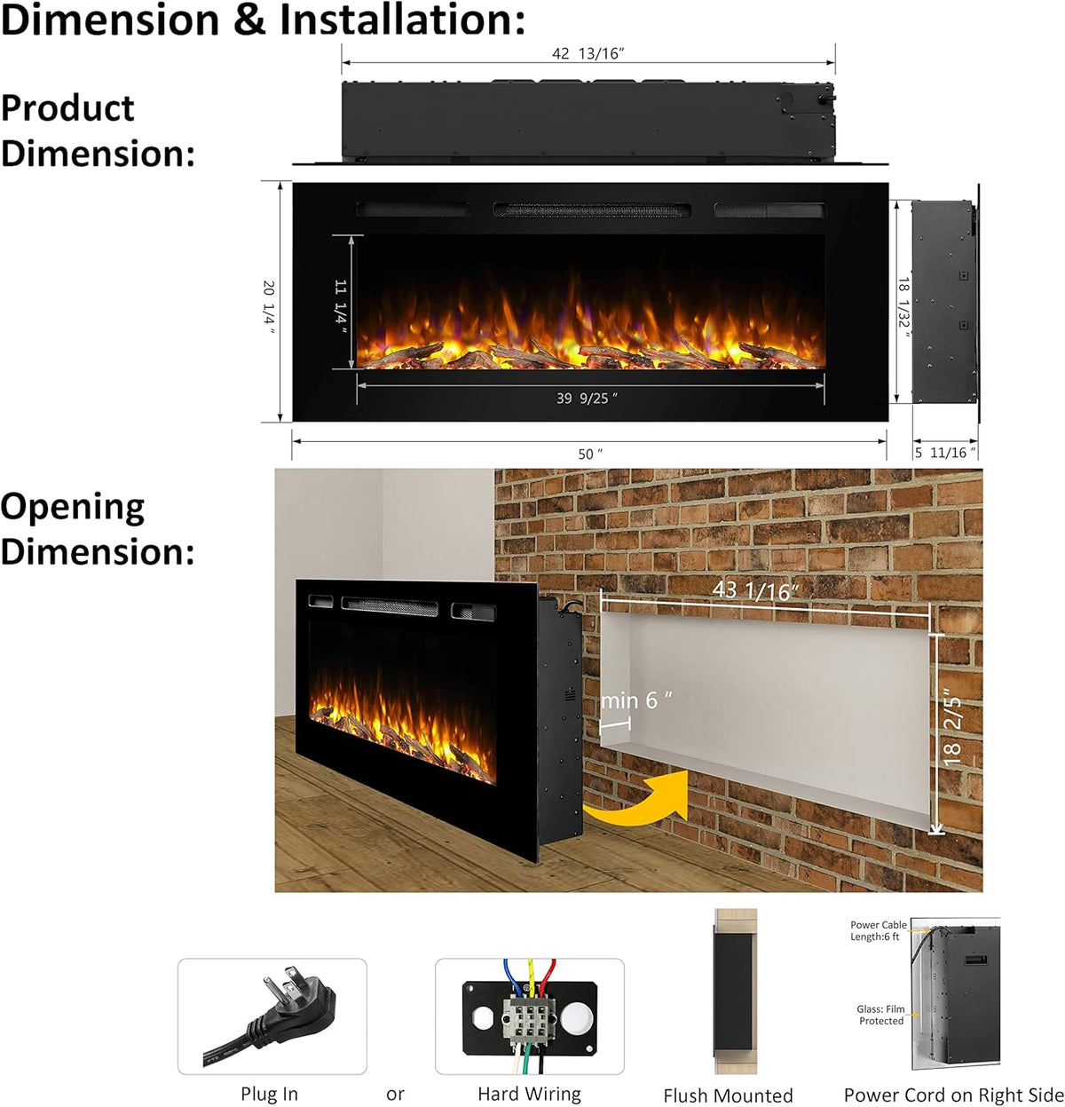 Recessed Electric Fireplace with Log Set and Crystal, 1500W Heater, Black E11945
