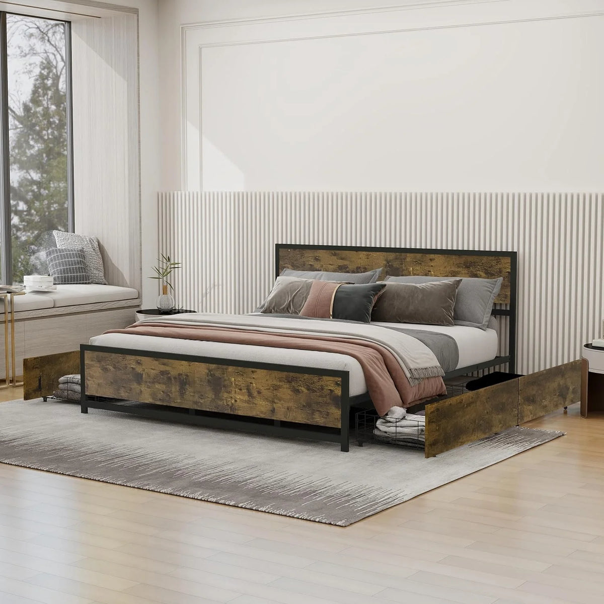 King Size Metal Platform Bed Frame with 4 Drawers V768720