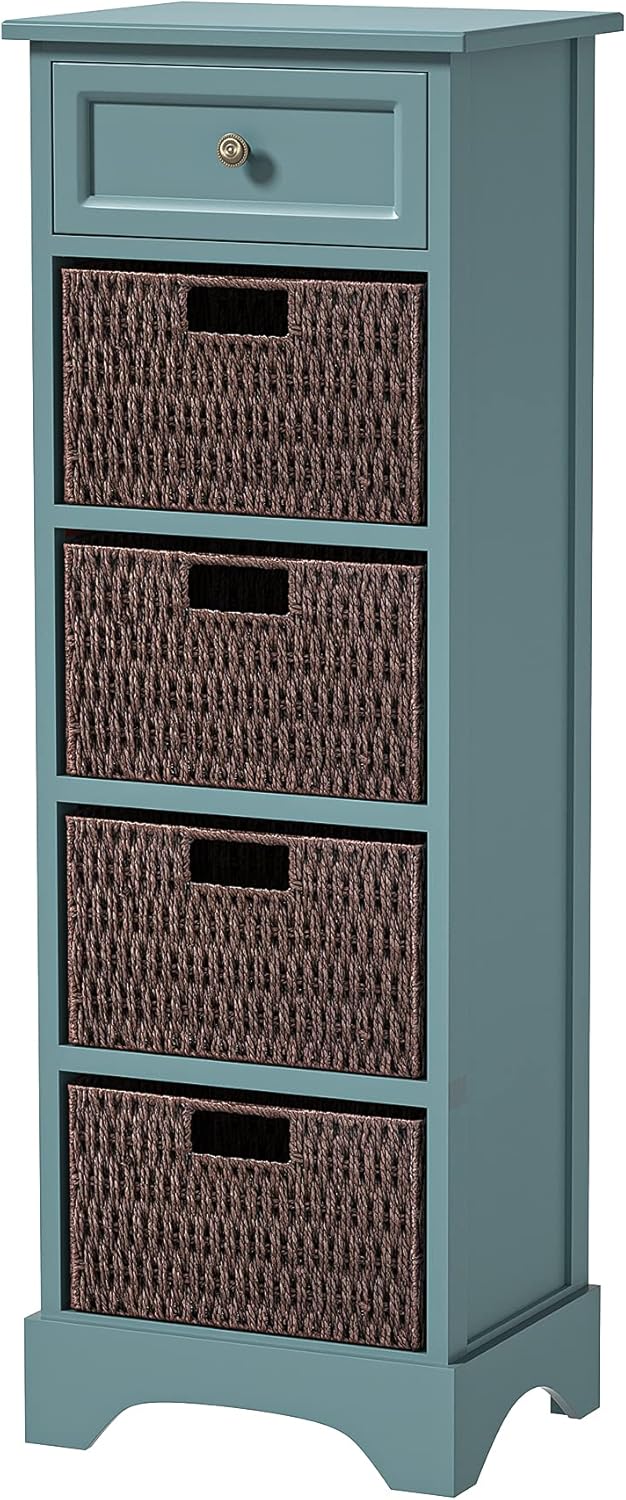 Farmhouse Storage Cabinet with Drawer and 4 Wicker Baskets, Red Q626