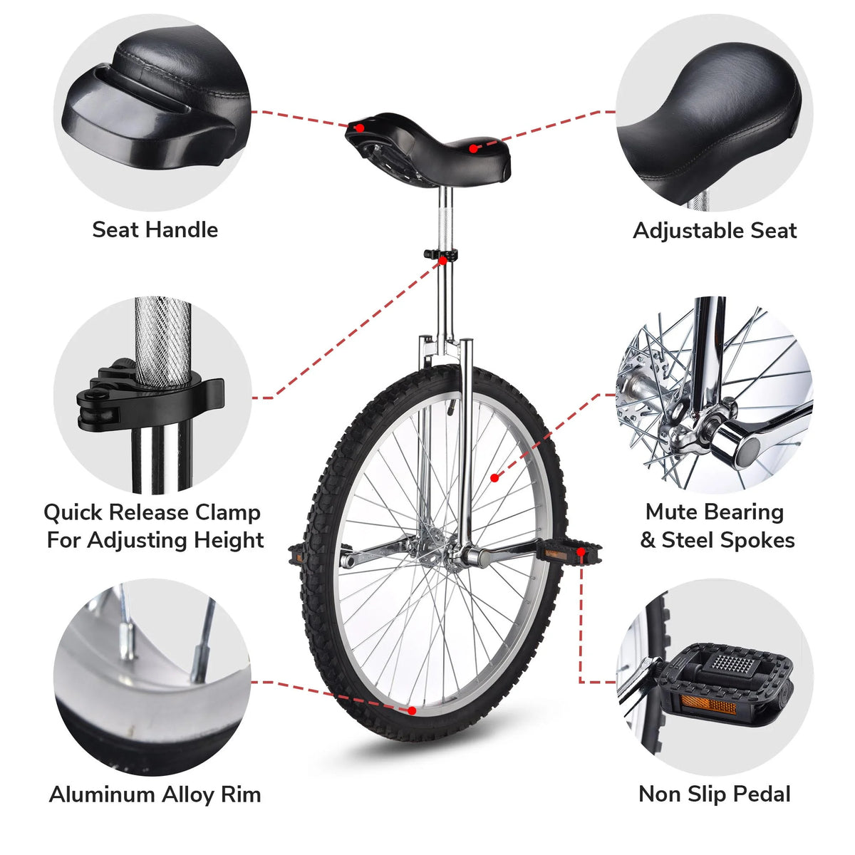 24 In Wheel Outdoor Unicycle Adjustable Seat Anti-Skid Pedal Red O680011