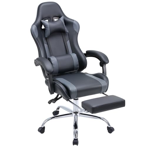 Grey PU Leather Reclining Gaming Chair with Footrest I955688