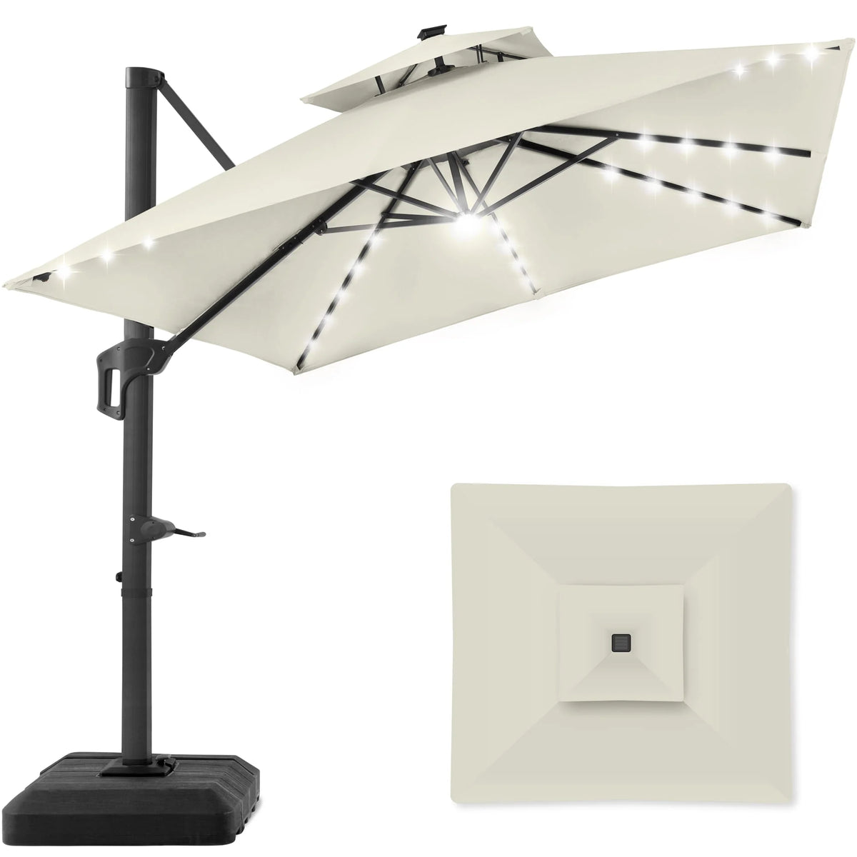 10x10ft 2-Tier Solar LED Cantilever Patio Umbrella with Base C339