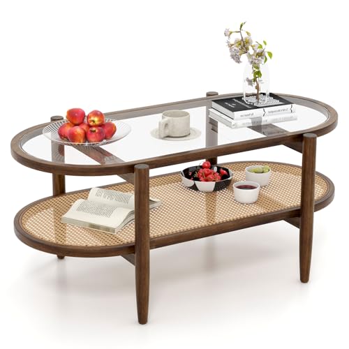 Black 2-Tier Oval Rattan Coffee Table with Tempered Glass T256