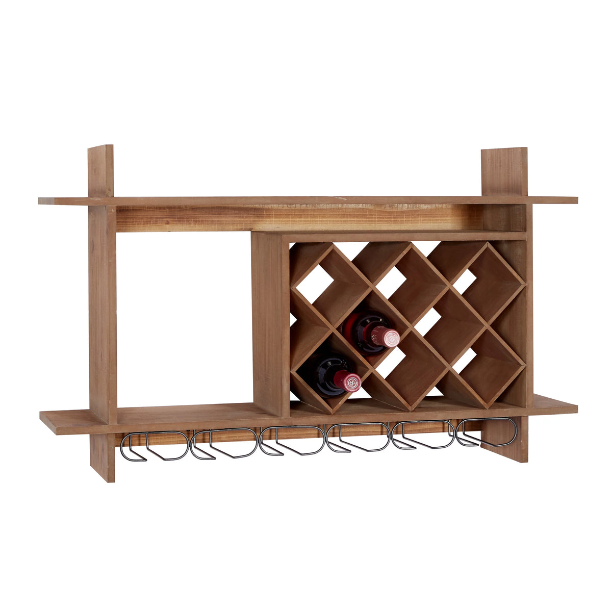 Brown Wood 8 Bottles Wall Wine Rack with 6 Glass Holder Slots R440