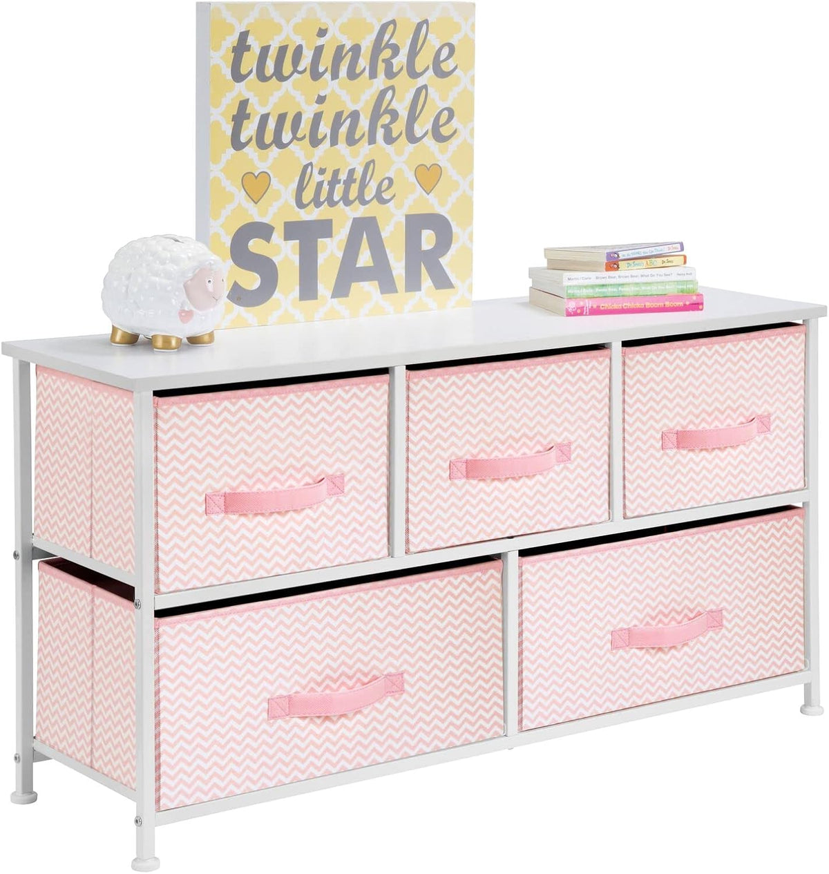 Pink/White Steel Frame Wood Top 5 Drawer Fabric Storage Dresser T4216