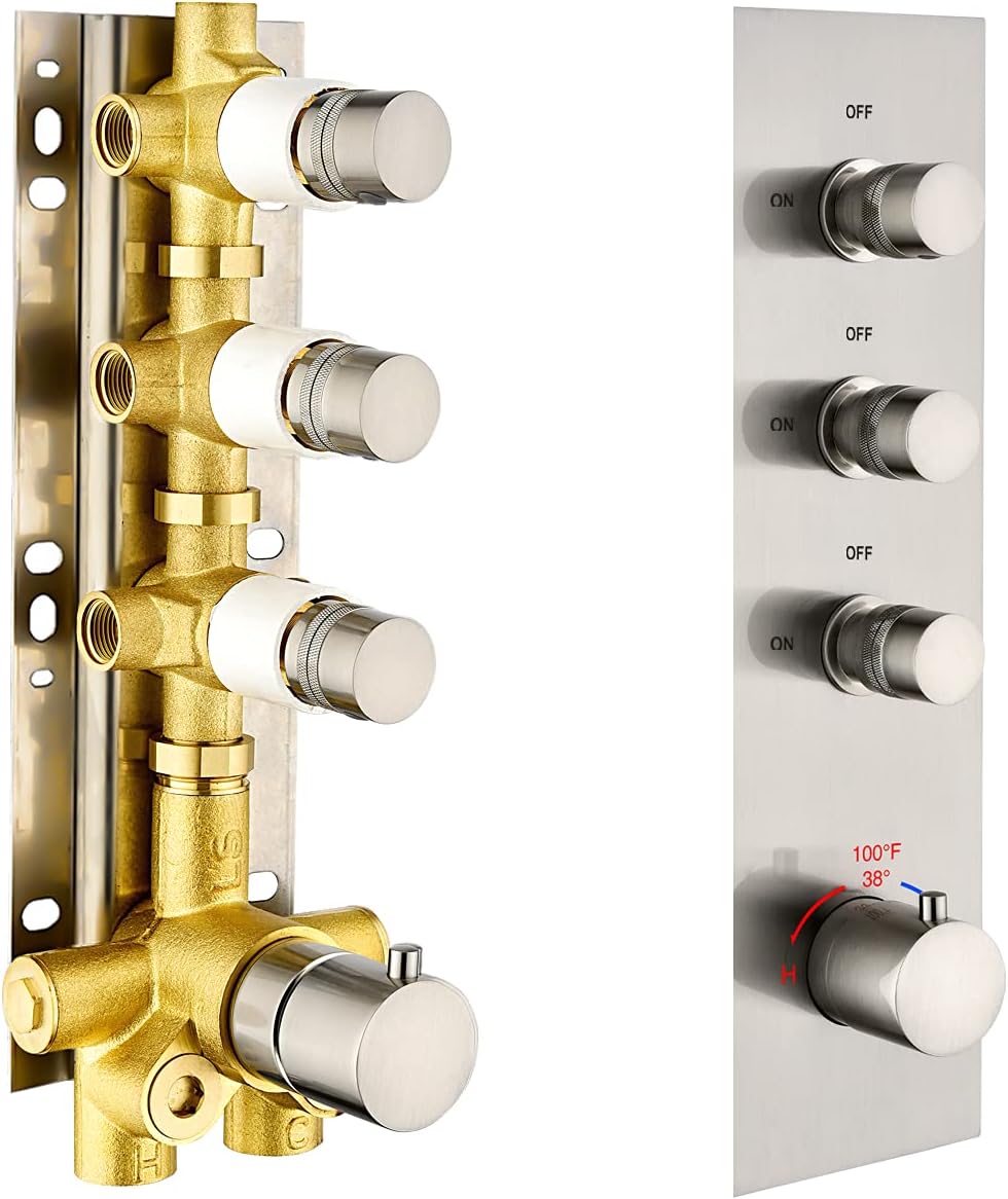 3 Outlet 3-Function Solid Brass Shower Diverter Concealed Thermostatic Mixer Valve with Trim (Matte Black, Round) C784793
