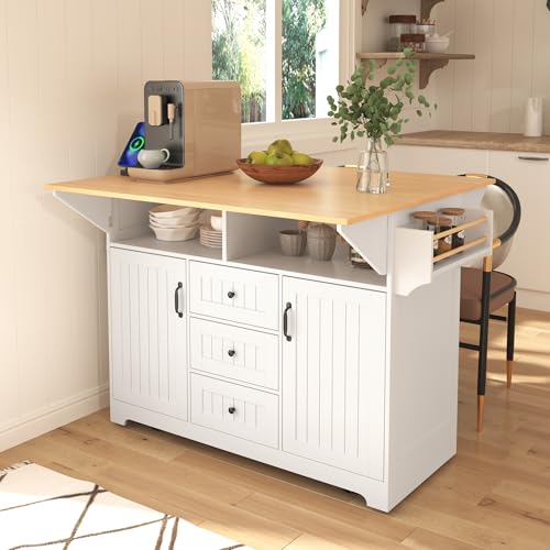 Black Kitchen Island with Drop Leaf, 3 Drawers, Power Outlet U92294