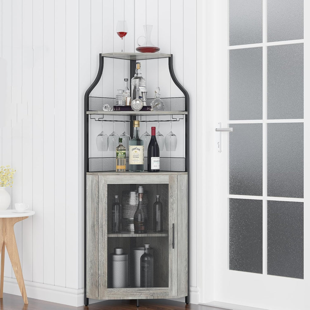 Corner Wine Cabinet with Detachable Wine Rack and Glass Holder, Grey V5325
