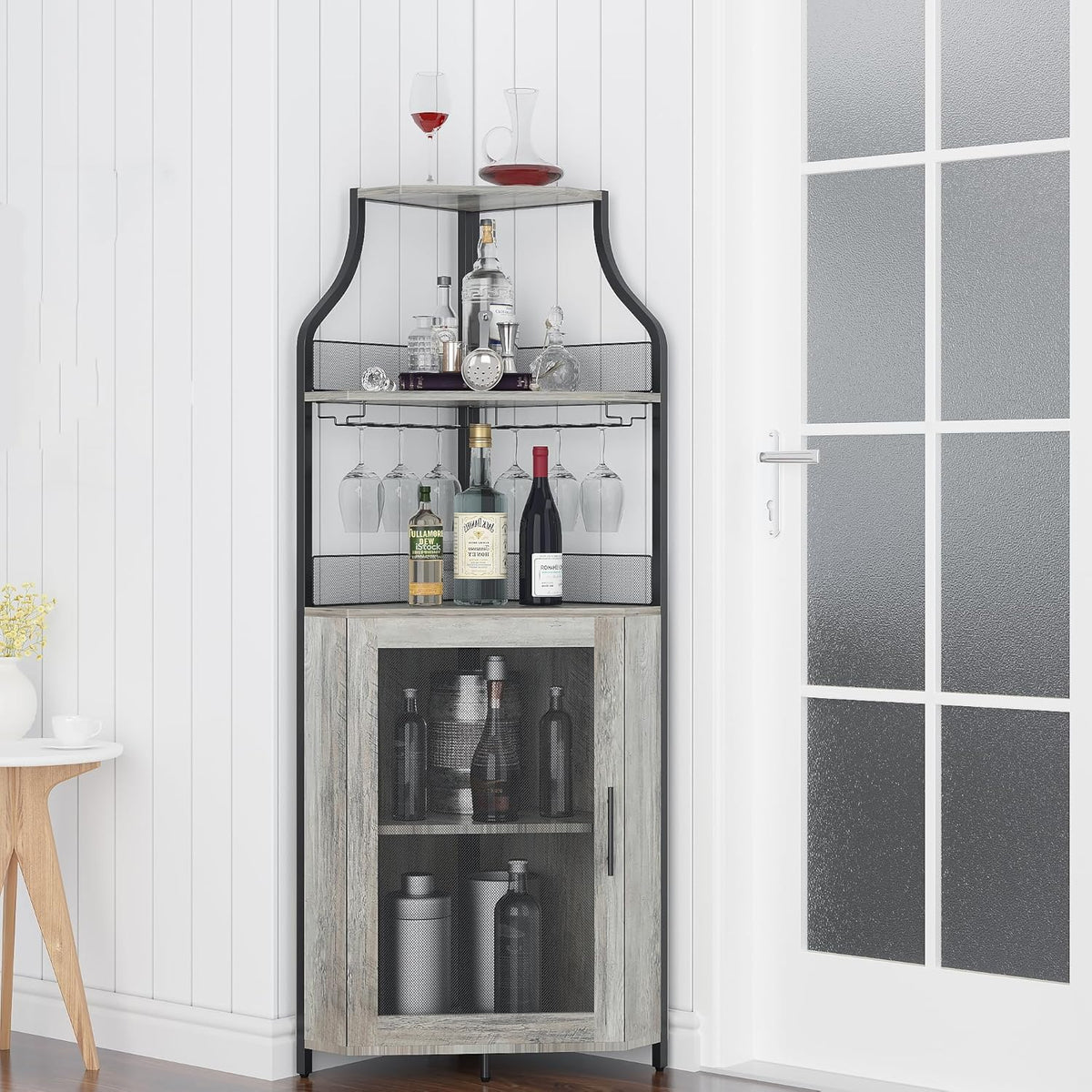 Corner Wine Cabinet with Detachable Wine Rack and Glass Holder, Grey V5325