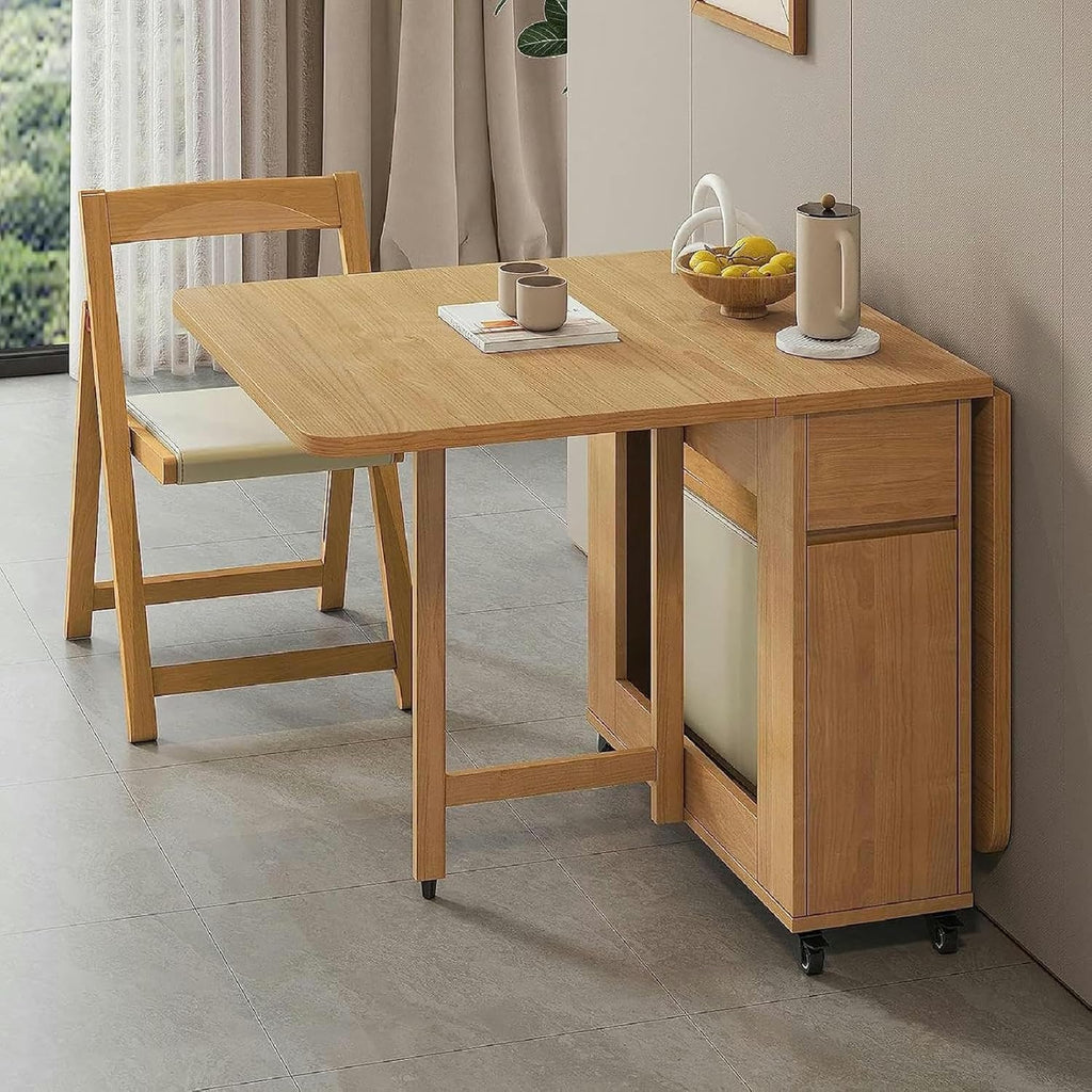 Wooden Extendable Dining Table Set with 4 Chairs, Drop Leaf Tables on Moveable Wheels and 1 Drawers V47057