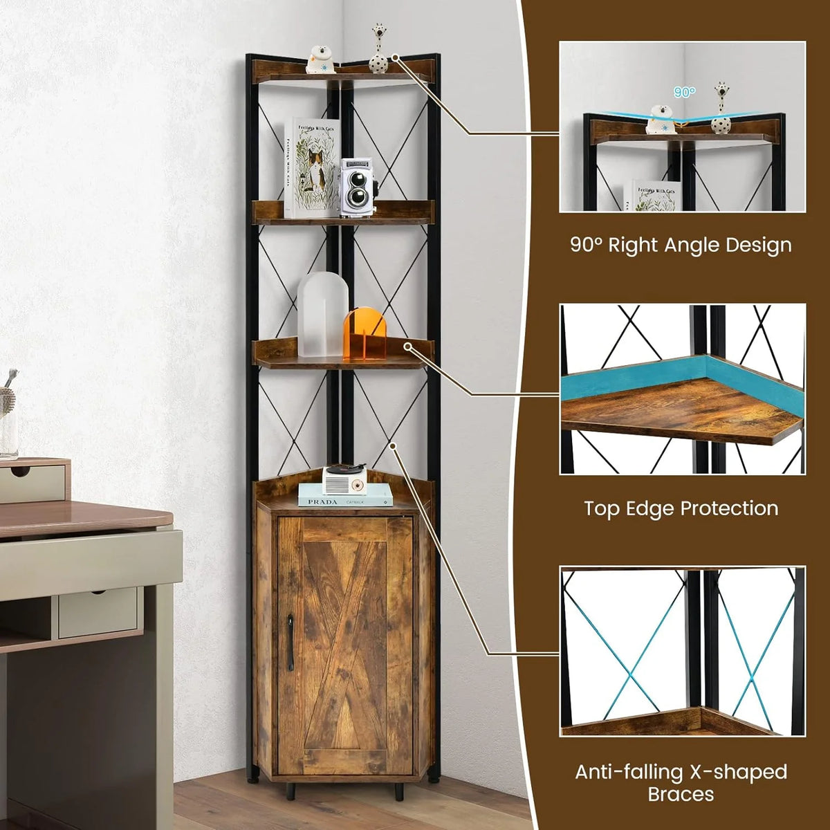 4-Tier Rustic Corner Bookshelf with Cabinet V9458