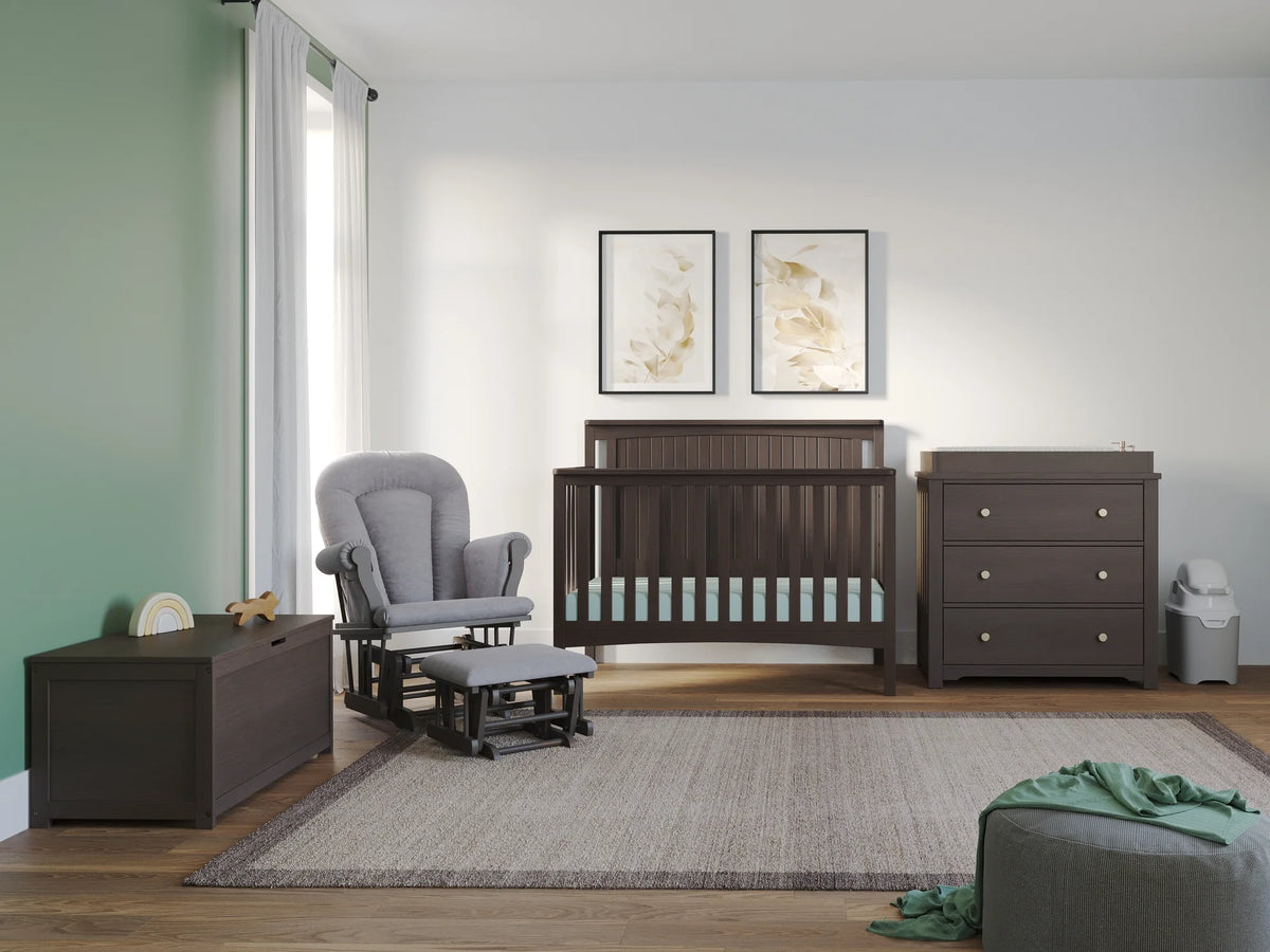 4-Piece Nursery Set with Convertible Crib, Dresser, Glider, and Toy Box V3137