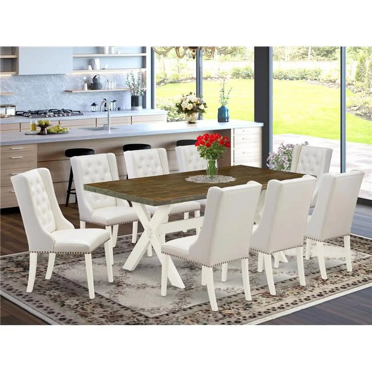 9 Piece Linen White Dining Room Set I9643