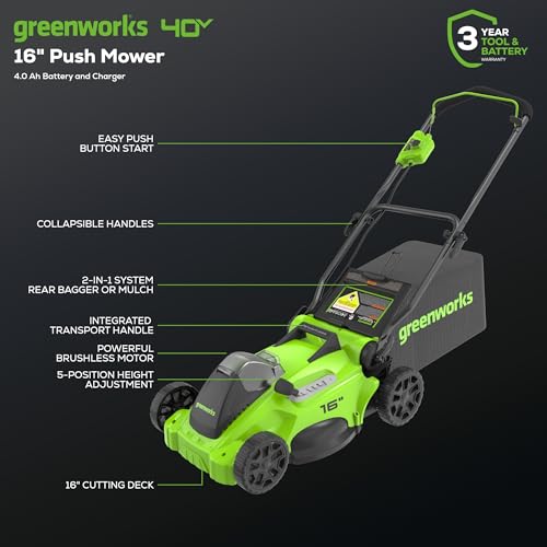 40V 16" Brushless Cordless Push Lawn Mower with 4.0Ah Battery and Charger R302303