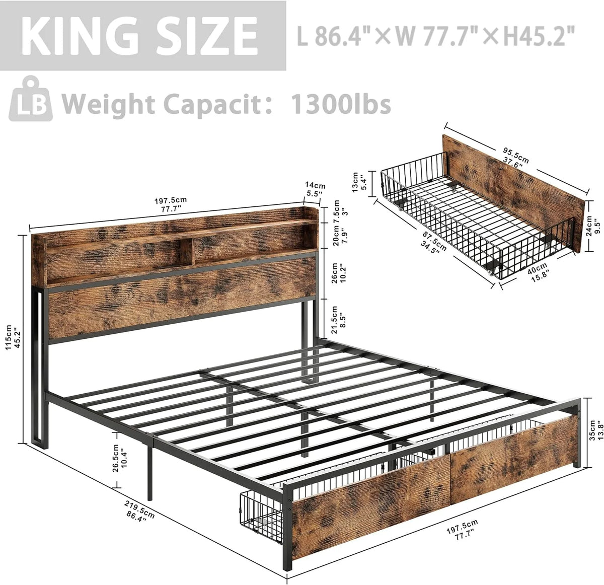 Full Size Metal Platform Bed with Bookcase Headboard and Drawer R59975