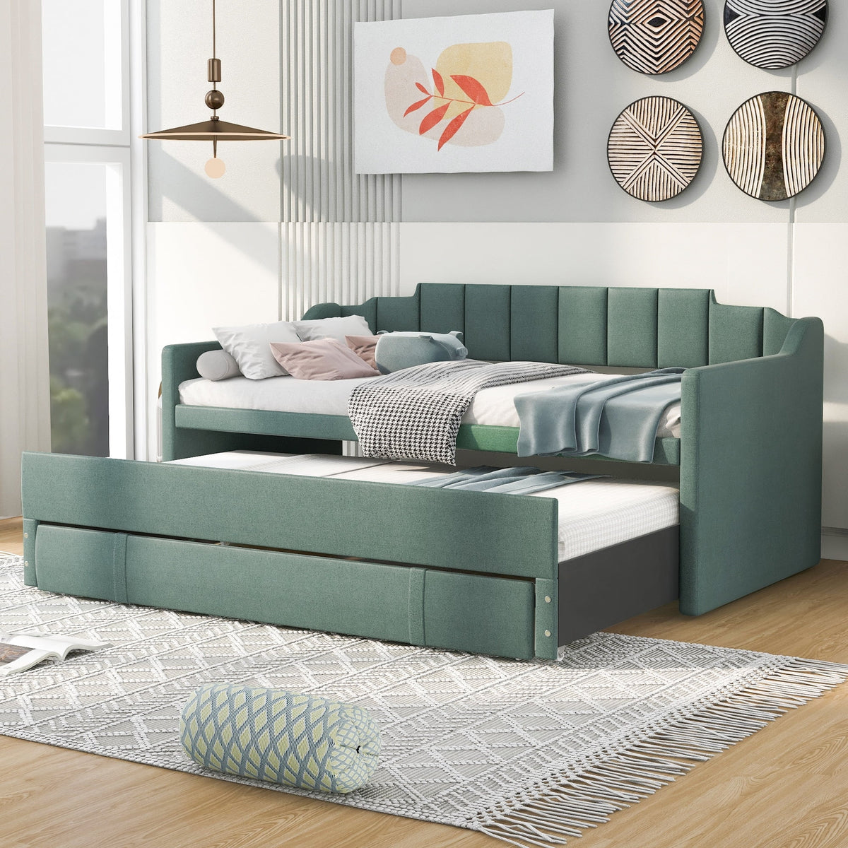 Green Twin Size Upholstered Daybed with Trundle and Three Drawers M921