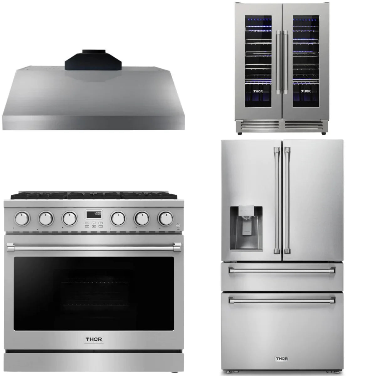 36 Gas Range, Range Hood, Refrigerator and Wine Cooler D192