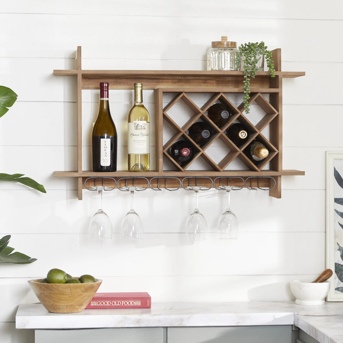 Brown Wood 8 Bottles Wall Wine Rack with 6 Glass Holder Slots R440
