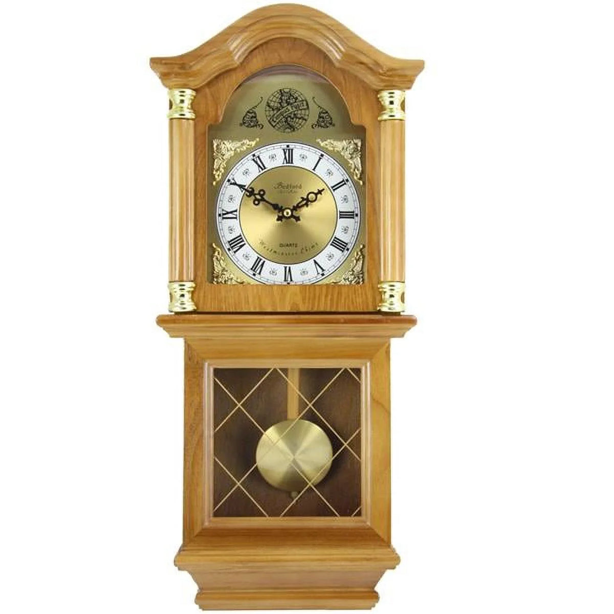Golden Oak Chiming Wall Clock with Swinging Pendulum F50190
