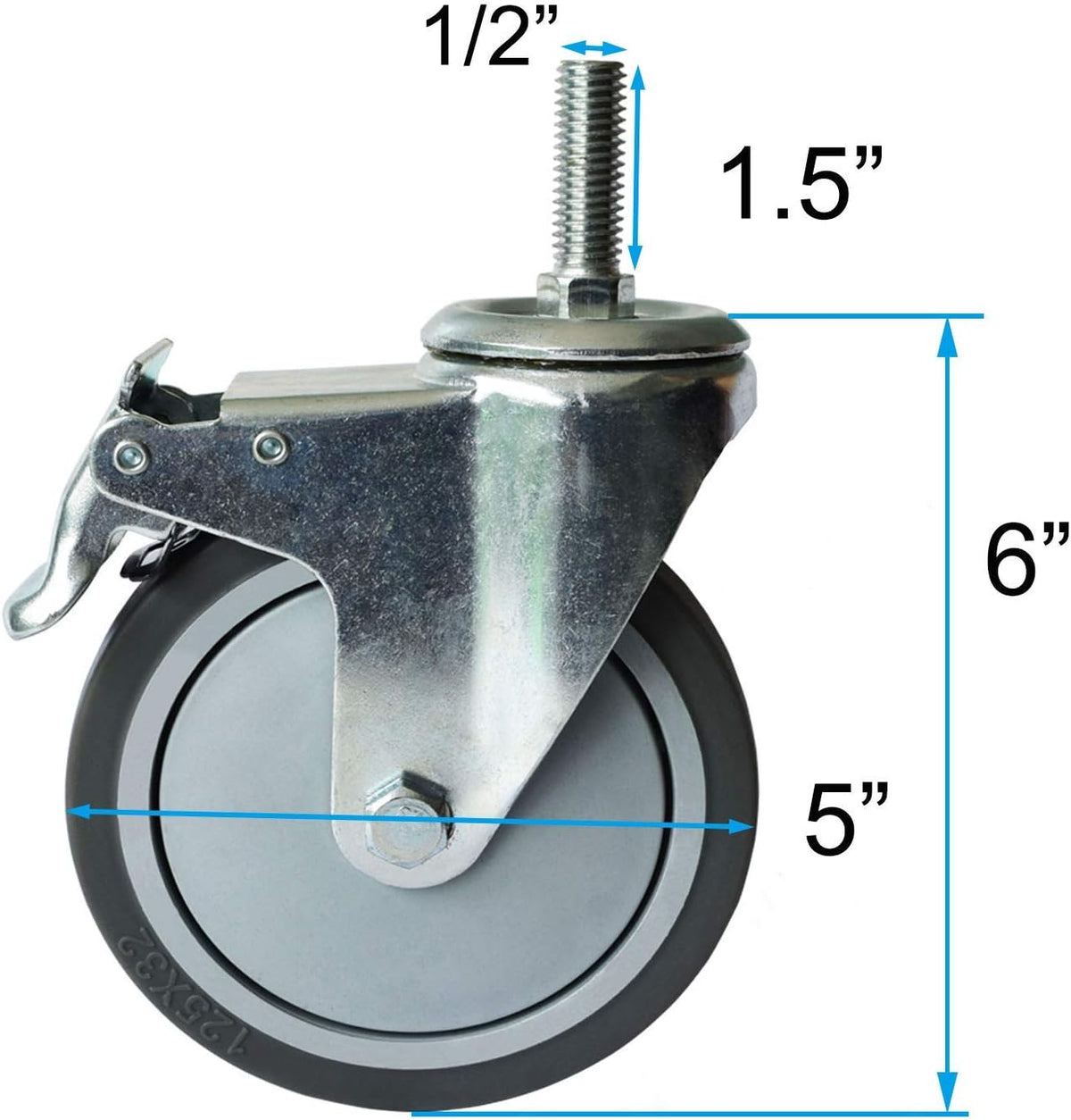 5 Inch Locking Swivel Casters with Brake Grey TPR Rubber Wheel Set of 4 W39601