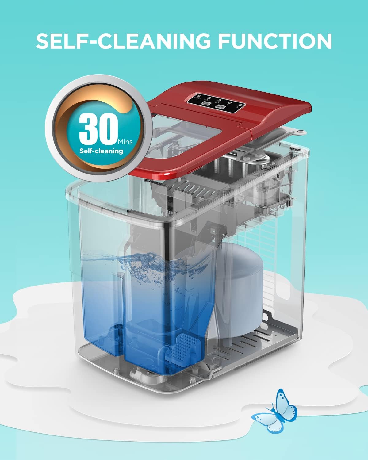 Red Ice Maker Machine, 26lbs 24Hrs Portable Self-Cleaning I52757