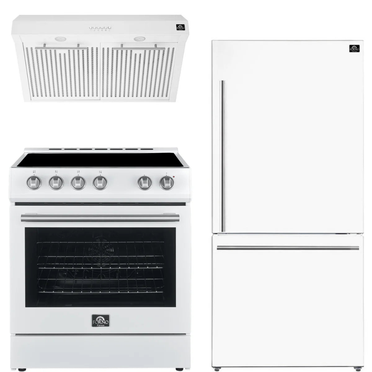 30 Electric Range, Range Hood and Refrigerator in White with Silver Handles Y593