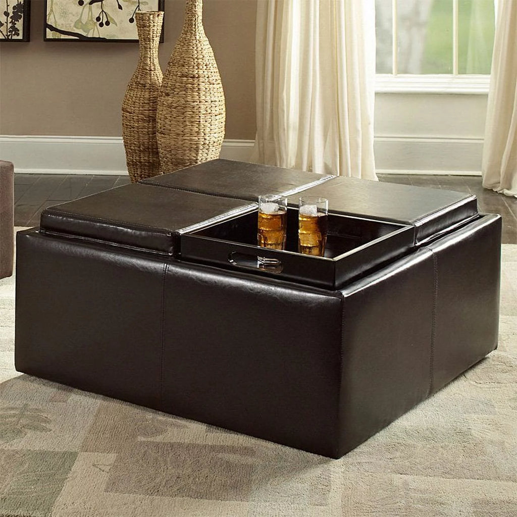 Dark Brown Faux Leather Storage Ottoman with 4 Trays P9919