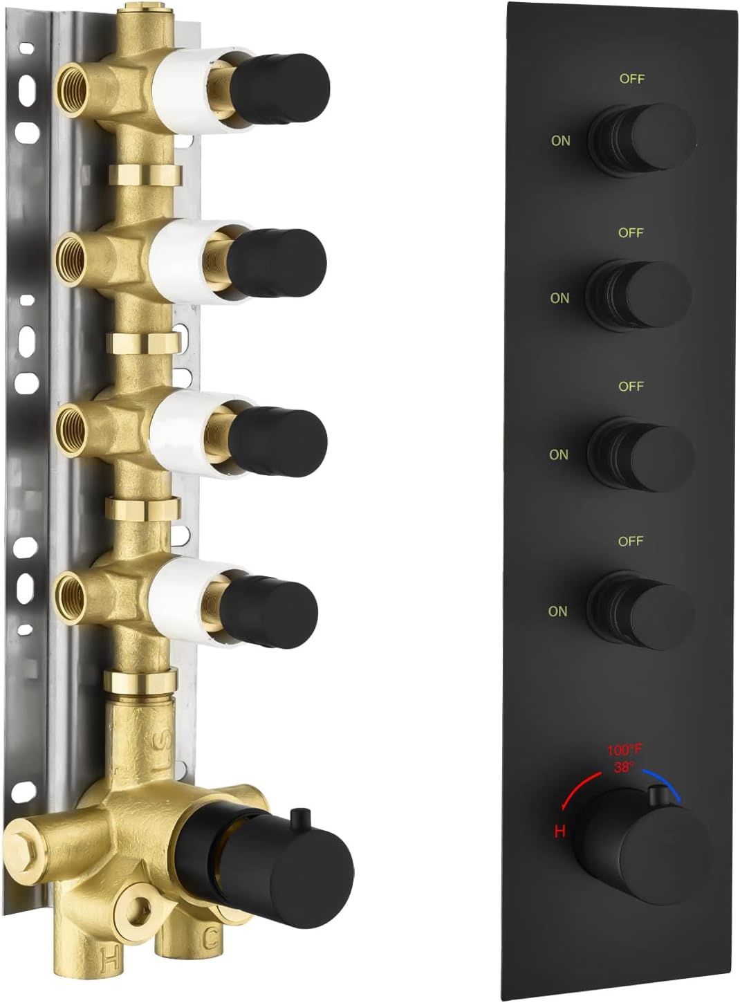 3 Outlet 3-Function Solid Brass Shower Diverter Concealed Thermostatic Mixer Valve with Trim (Matte Black, Round) C784793