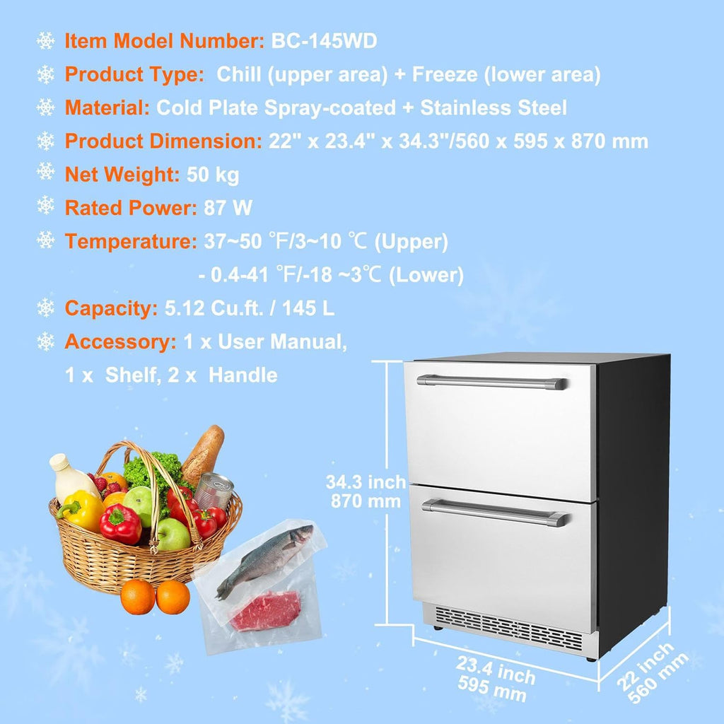 24 inch Undercounter Refrigerator, 2 Drawer, 4.87 Cu.ft. Capacity, silver U878137