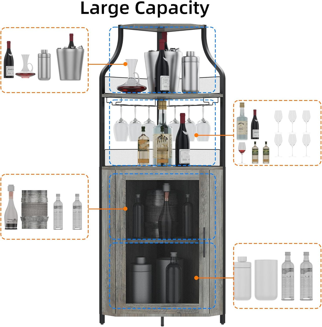 Corner Wine Cabinet with Detachable Wine Rack and Glass Holder, Grey V5325