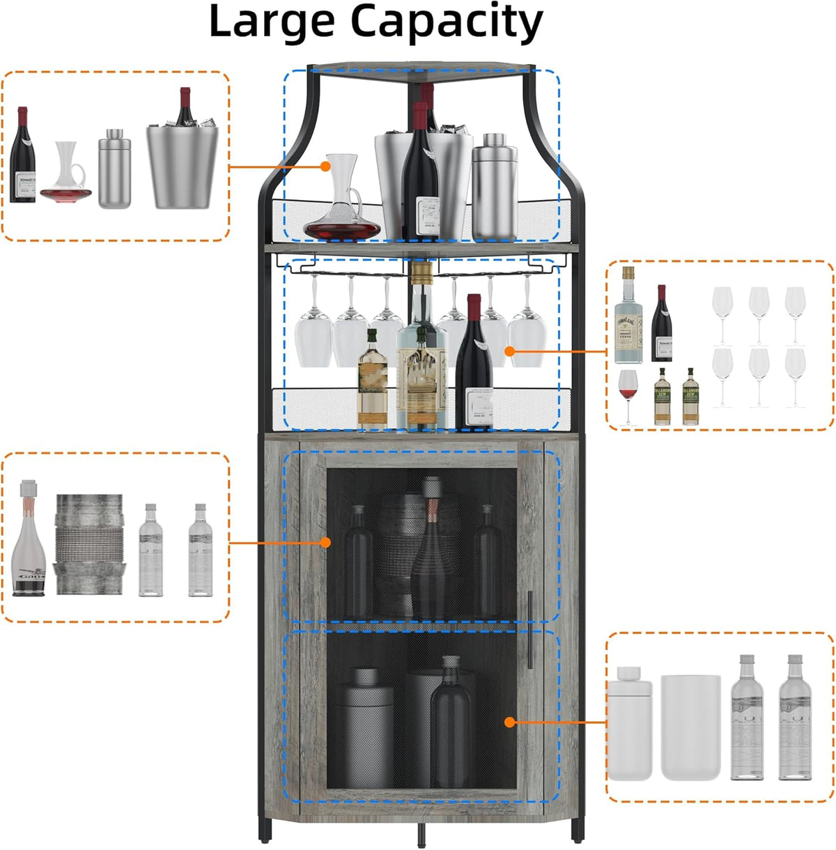 Corner Wine Cabinet with Detachable Wine Rack and Glass Holder, Grey V5325
