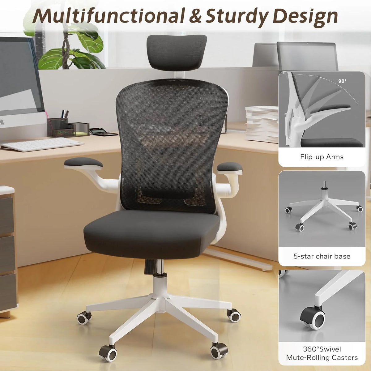 White Ergonomic Desk Chair with Headrest A27152