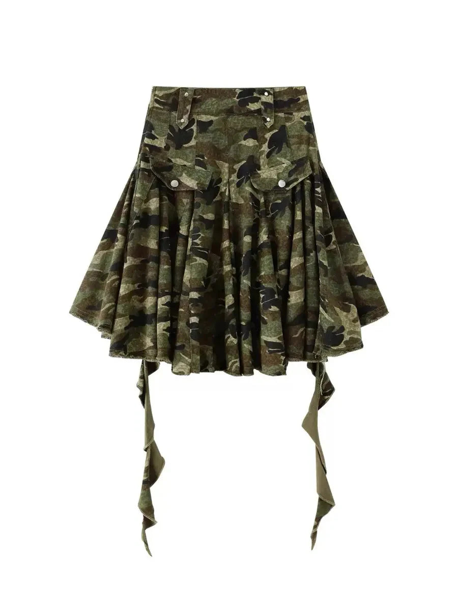 Vintage High Waist Camouflage Asymmetric Midi Skirt M46605