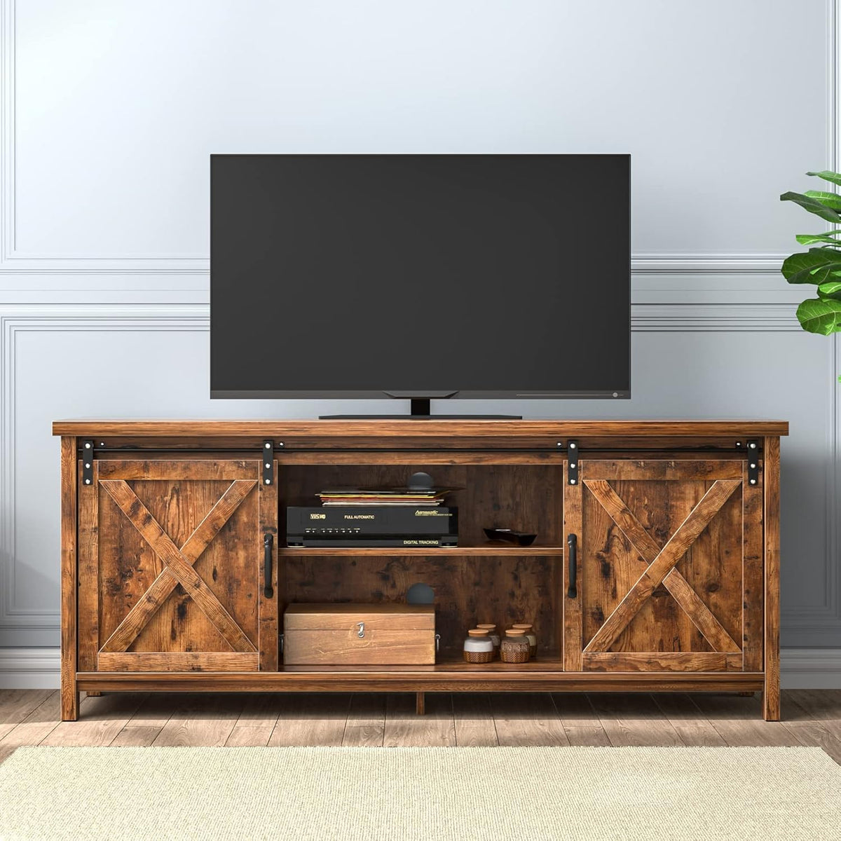Farmhouse TV Stand with Sliding Barn Door and Storage Cabinet J22487