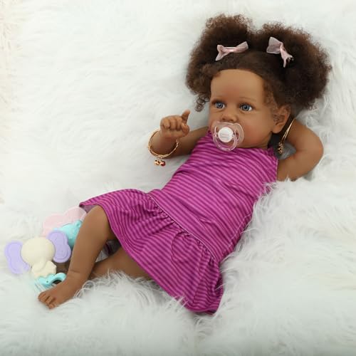 22" Realistic African American Newborn Baby Doll with Two Afro Puffs & Feeding Toys Q648154