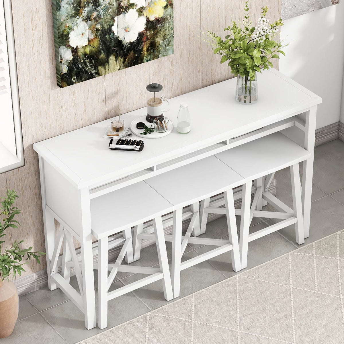 White 4-Piece Bar Table with Stools V75661
