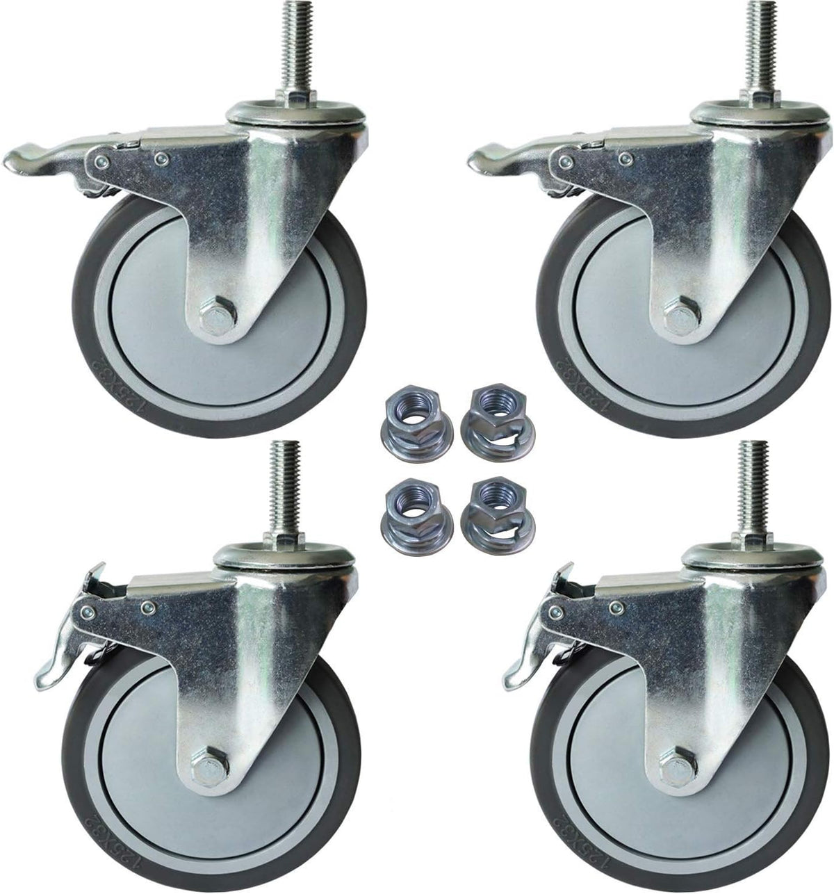 5 Inch Locking Swivel Casters with Brake Grey TPR Rubber Wheel Set of 4 W39601