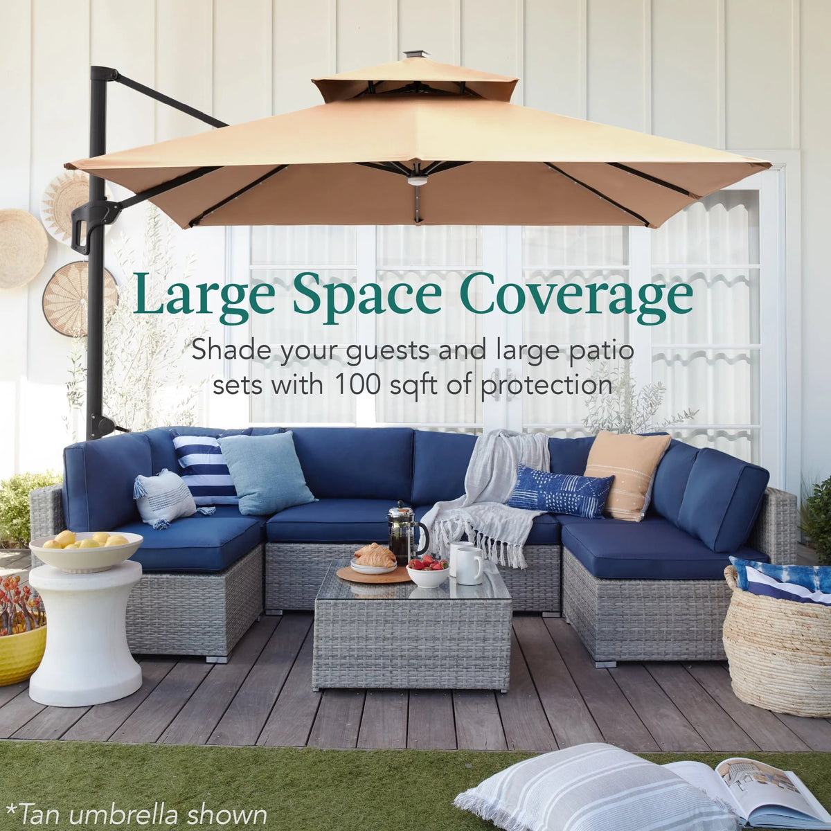 10x10ft 2-Tier Solar LED Cantilever Patio Umbrella with Base C339