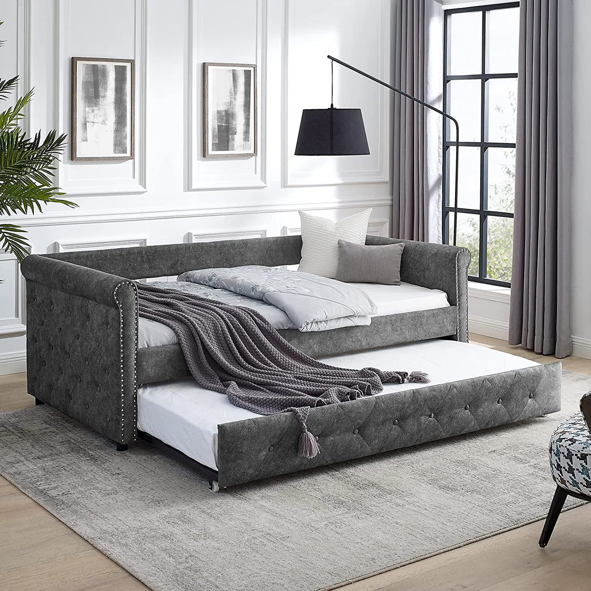 Twin Size Grey Linen Daybed with Trundle X527