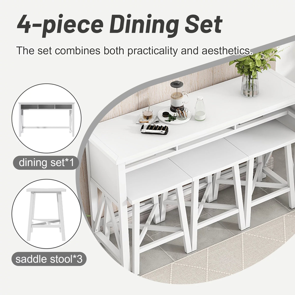White 4-Piece Bar Table with Stools V75661