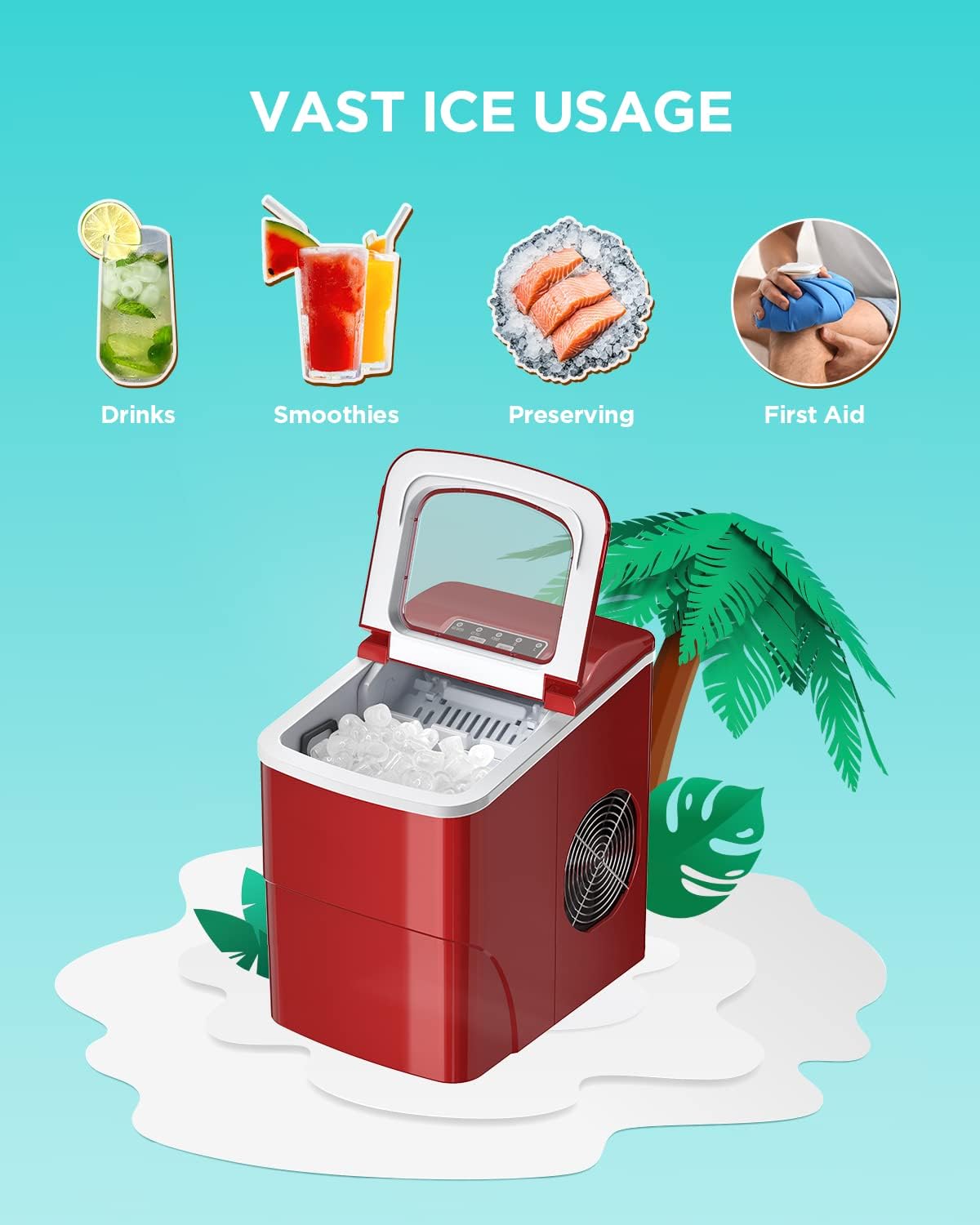 Red Ice Maker Machine, 26lbs 24Hrs Portable Self-Cleaning I52757